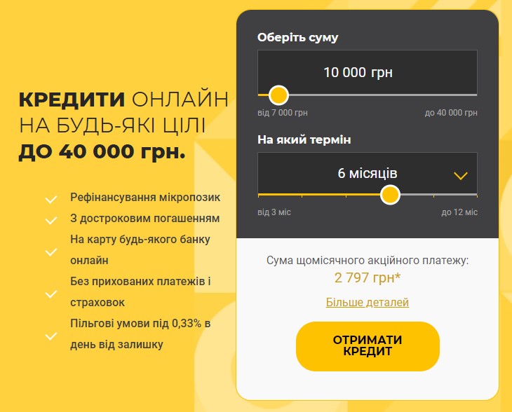 Приклад розрахунку кредита в компанії Рекредит