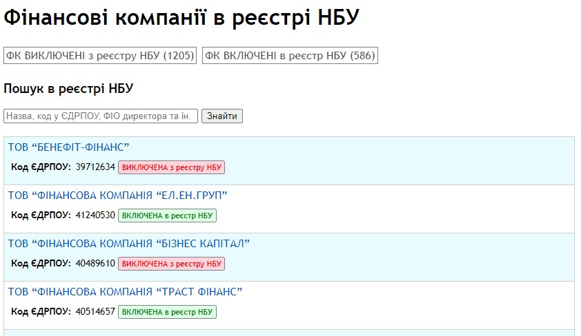 Фінансові компанії в реєстрі НБУ